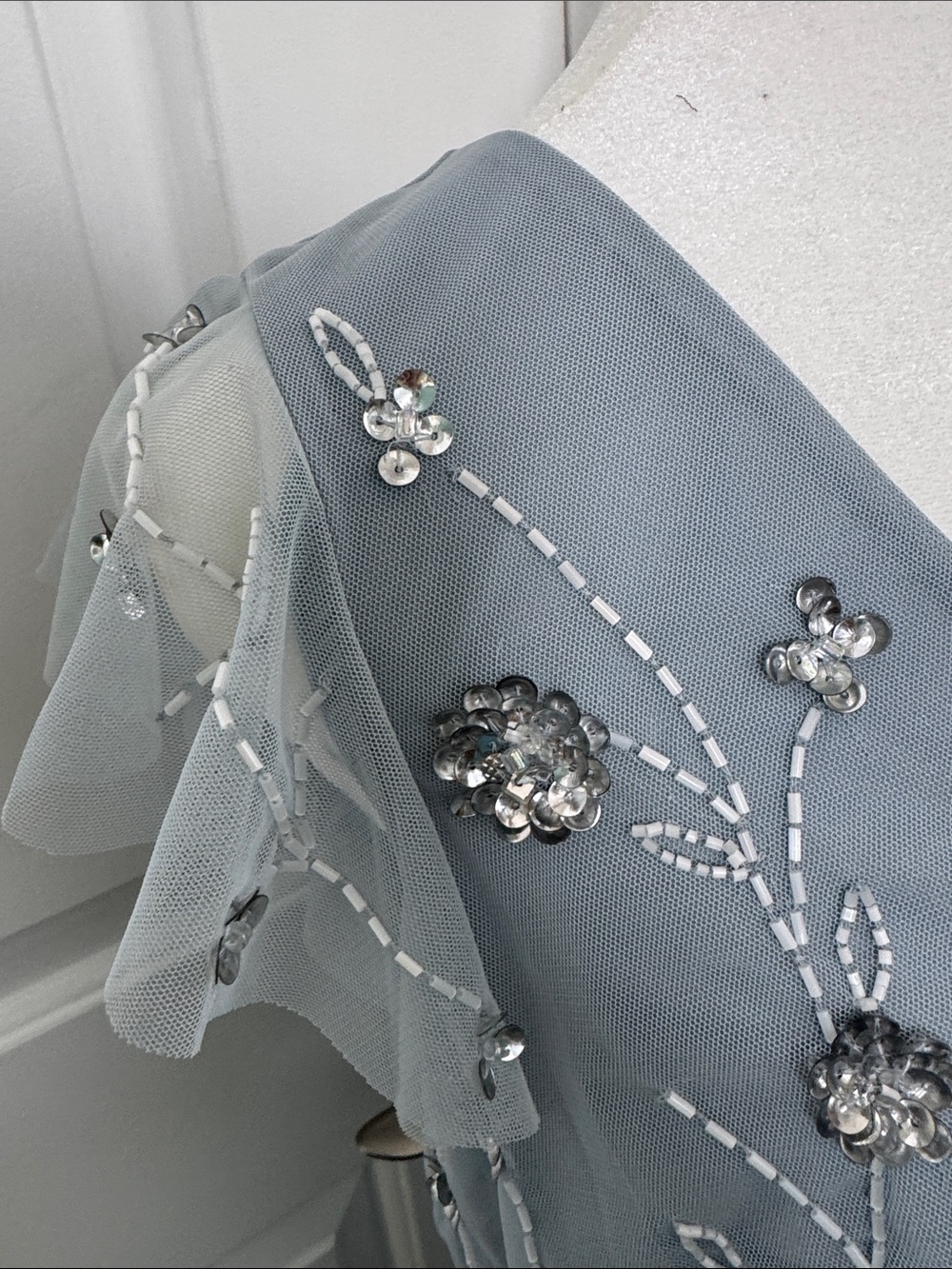 Silver Blue Beaded Evening Gown - Picture 4 of 5